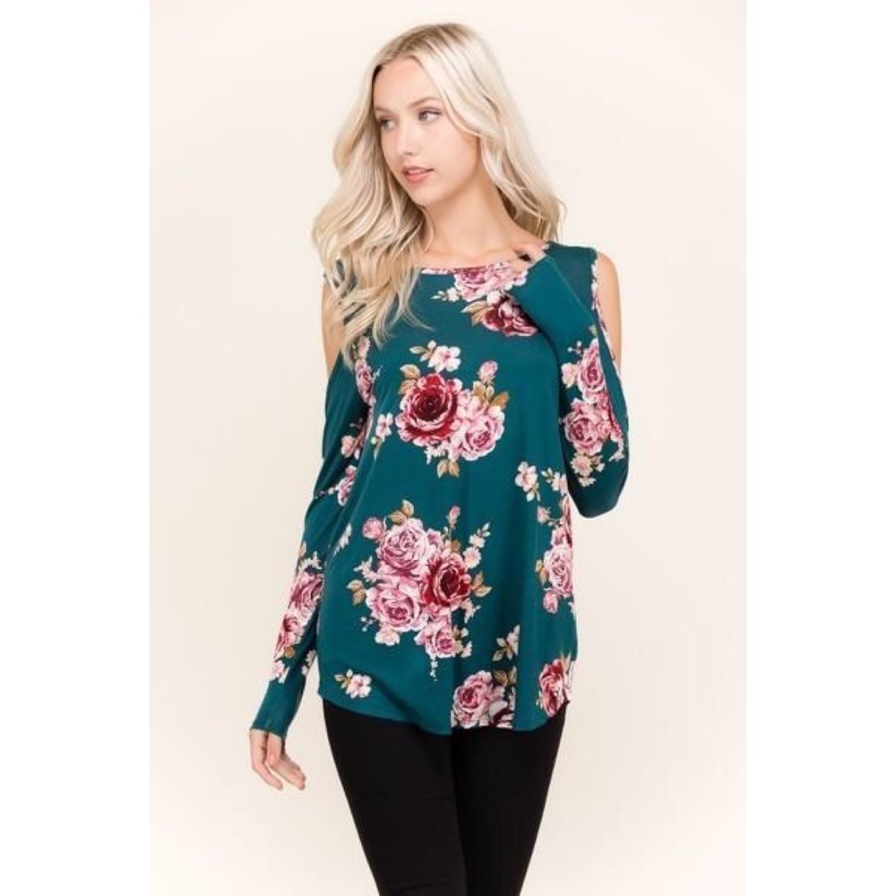 Hunter Green Floral Cold Shoulder Top